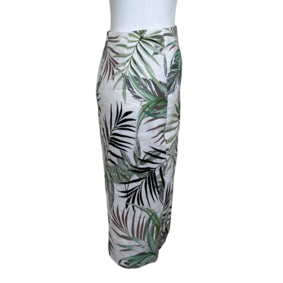 Worth New York Pencil Skirt Front Slit Tropical Print Green White Linen Size 0 - Picture 7 of 10